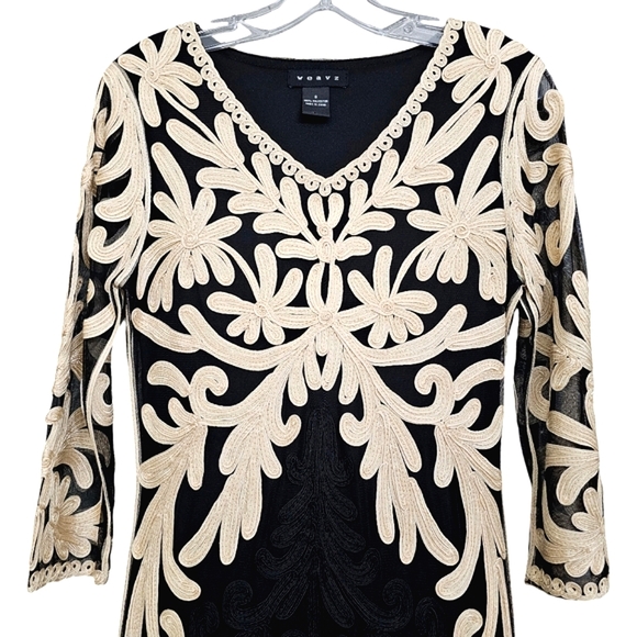 Nwot Weavz Black Mesh/ Creme Soutache Ribbon Embroidered Detail 3/4 Sleeve Dress - Picture 5 of 15